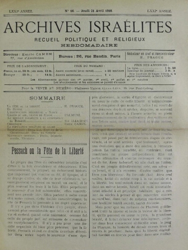 Archives israélites de France. Vol.71 N°16 (21 avr. 1910)